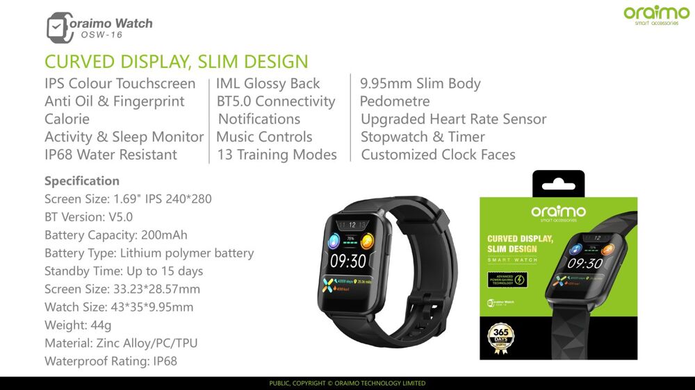 oraimo Watch 1.69'' IPS Screen IP68 Waterproof Smart Watch