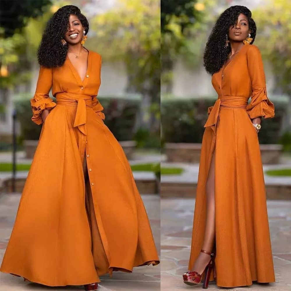 Charming V-neck A-line Orange Long Simple Prom Dresses,SFPD0171 –  SofieBridal