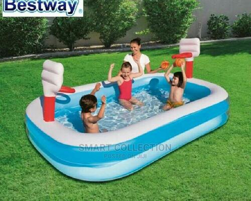 Inflatable swimming pools with basket ball hoops