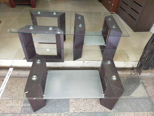 3 PC Wood And Clear Glass Coffee Table Set
