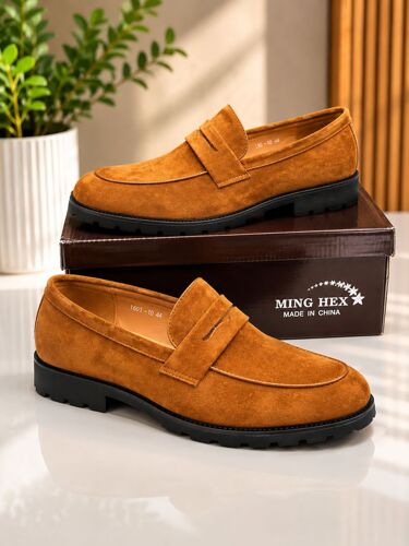 Tan suede penny loafers